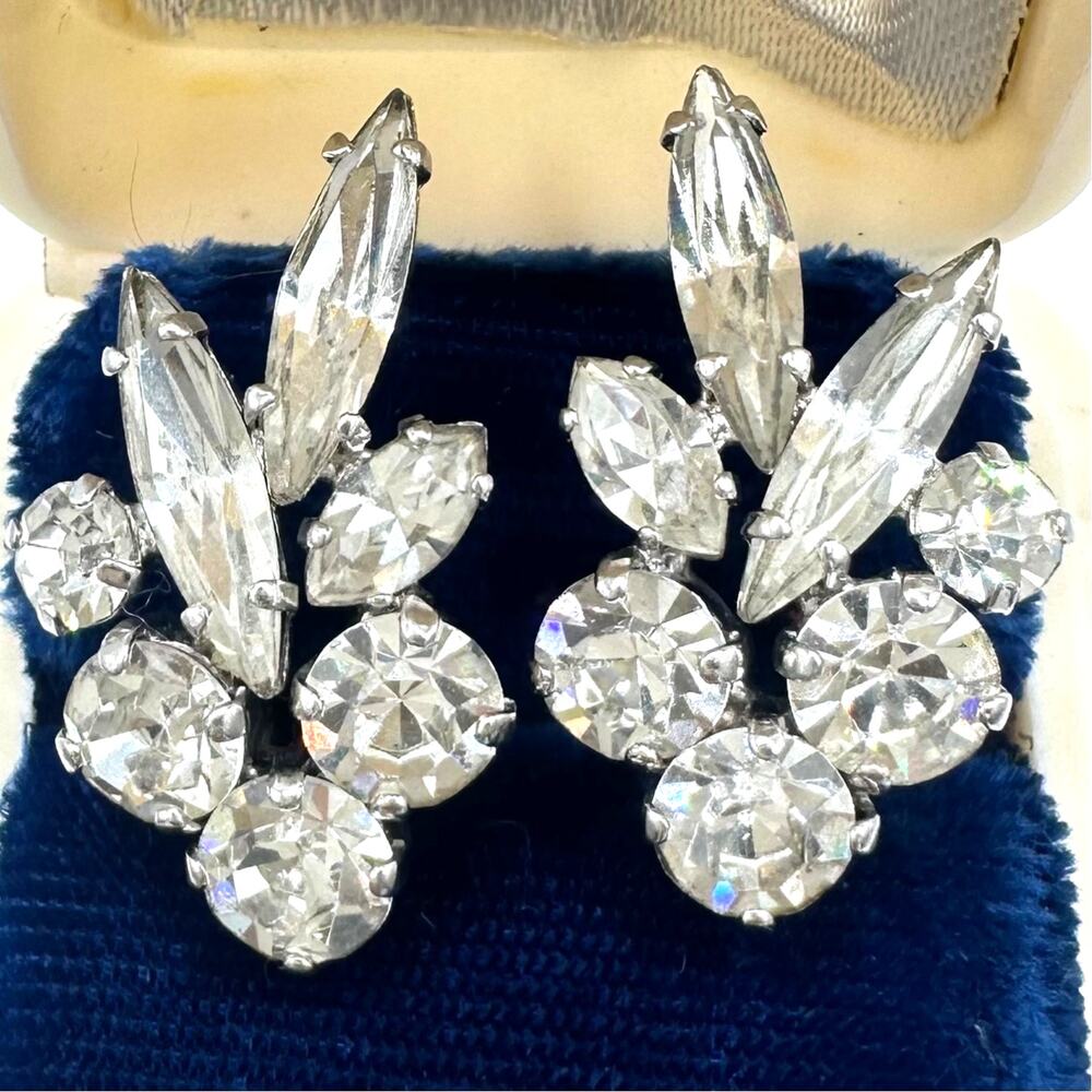 Sherman signed vintage silver tone clear glass rhinestones clip on earrings